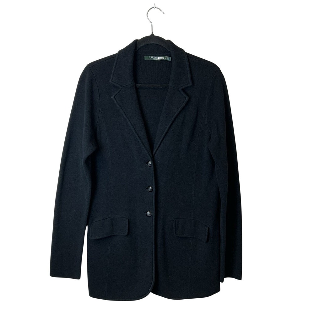 Lauren Ralph Lauren Black Combed Cotton Knit Blazer Jacket Large Crest Buttons‎